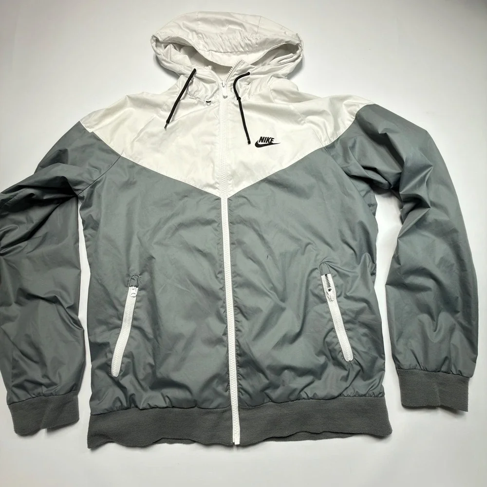 Nike Windrunner Hooded Windbreaker Jacket Men's Medium Gray White Full Zip